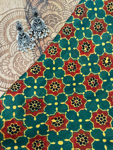 Ajrakh hand block printed modal silk saree | Dark Green | Ships from California